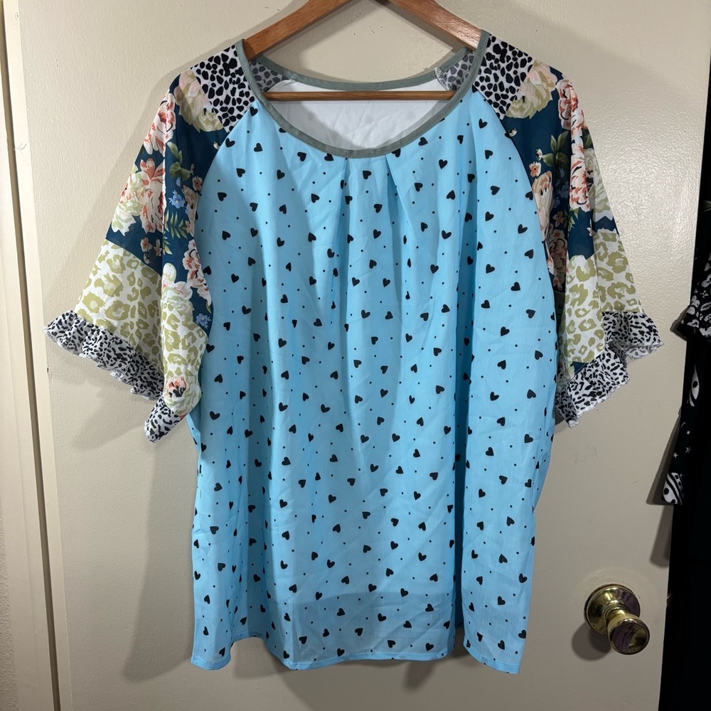 Floral Leopard Patchwork Women's Top - Blue Size 16